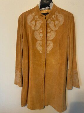 NEW! TERRY LEWIS CLASSIC LUXURIES Caramel Embroidered Luxe Suede Coat Sz L